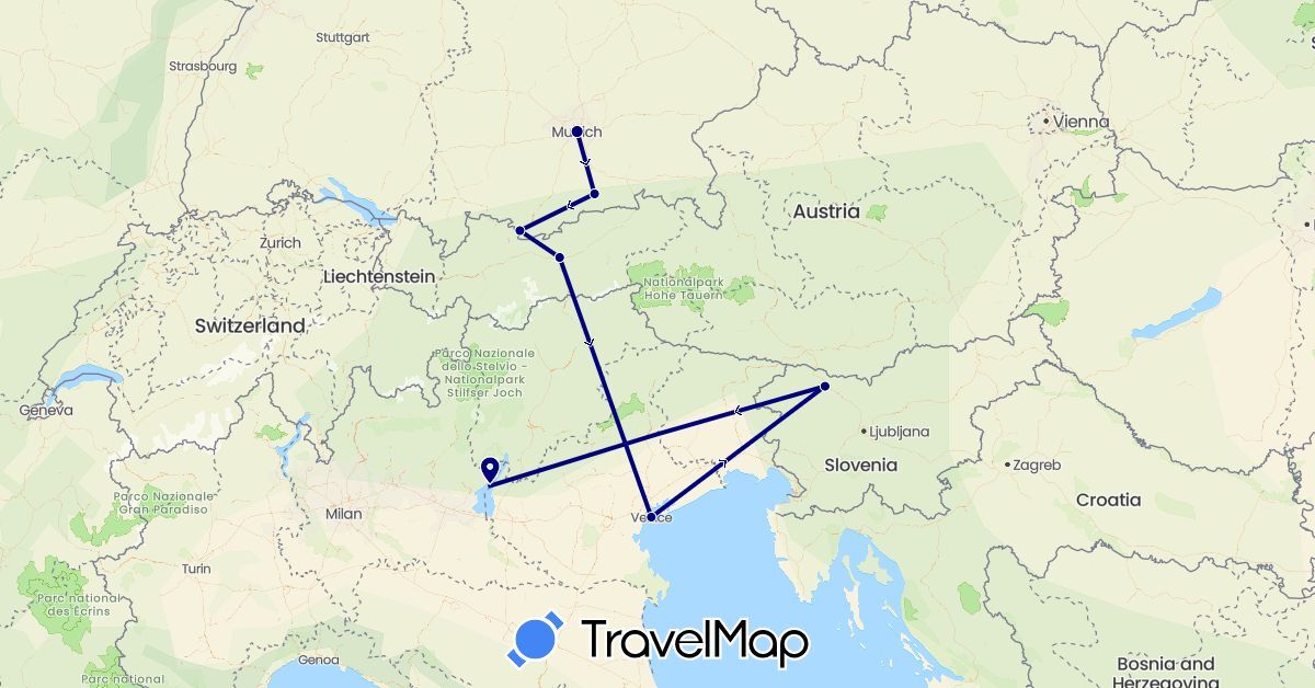 TravelMap itinerary: driving in Austria, Germany, Italy, Slovenia (Europe)
